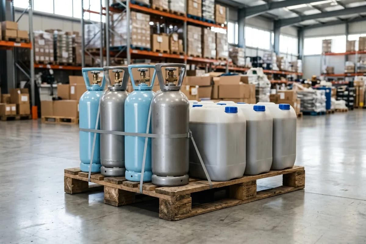 Баллоны с хладагентом и канистры с теплоносителем на деревянной паллете на складе