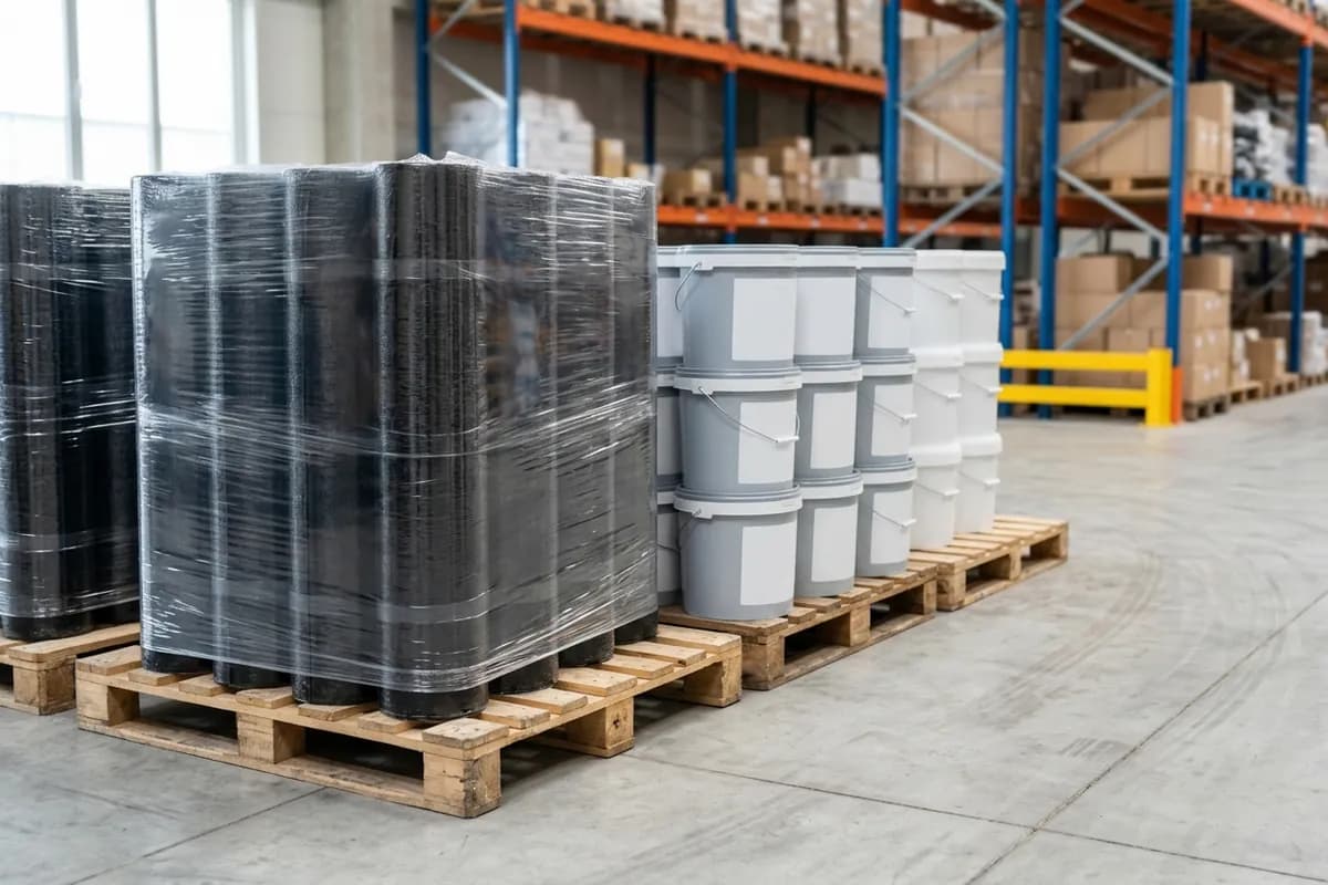 Рулоны битумной гидроизоляционной мембраны и ведра с мастикой на деревянных поддонах склада